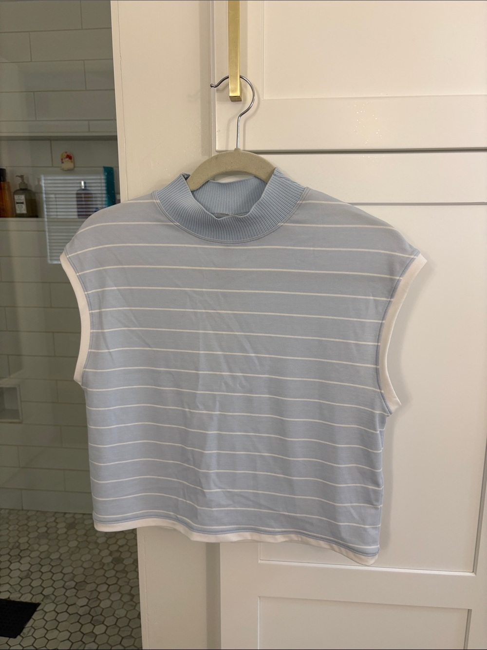 NWT Calia Striped Mock Neck Sleeveless Tank in Pale Blue